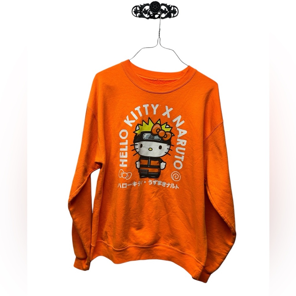 Box Lunch neon orange Naruto x hello kitty fleece sweater medium unisex